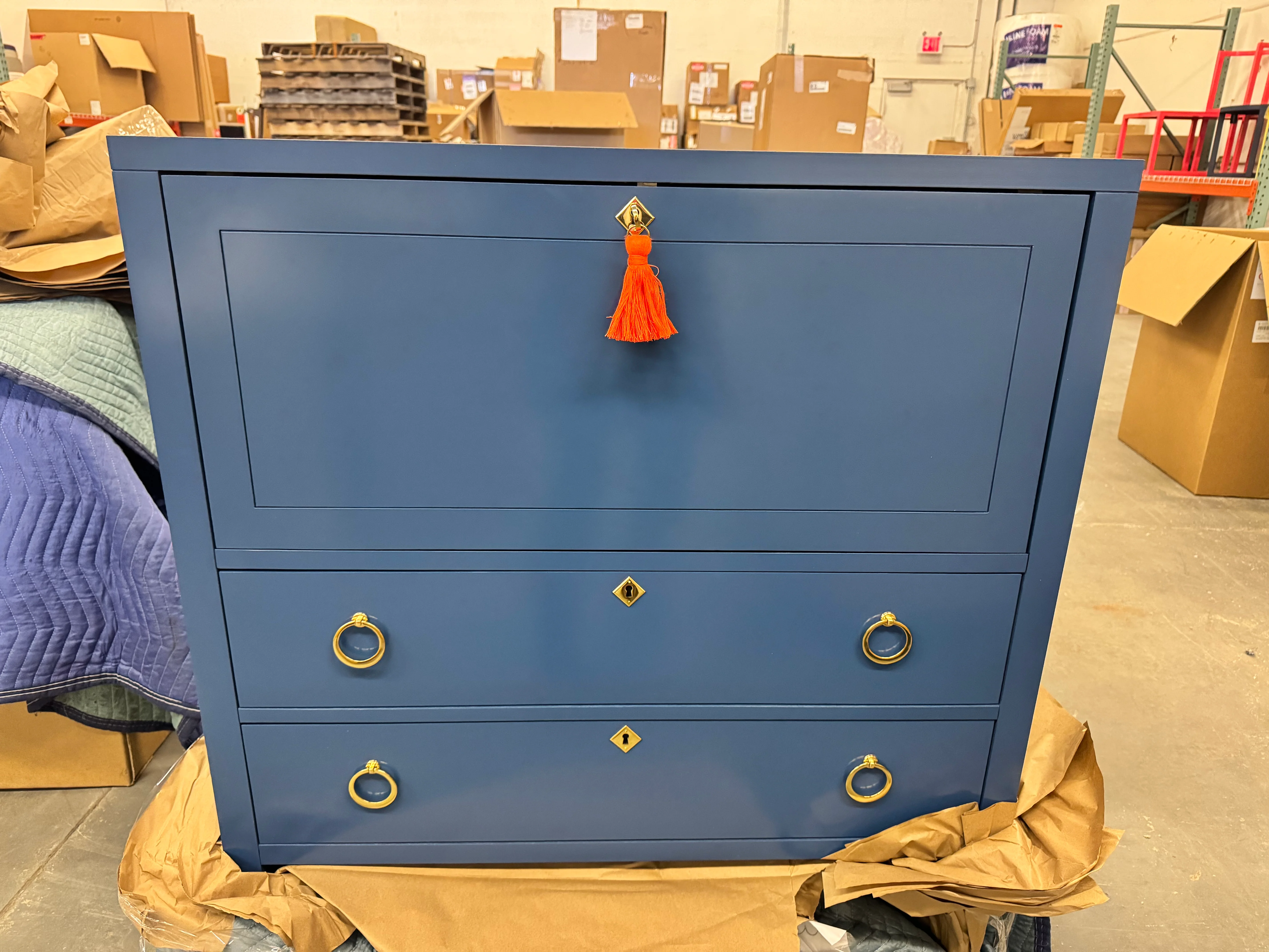 Easton Secretary Desk in New York Blue with Peale Green Interior and Brass Hardware - Image 4